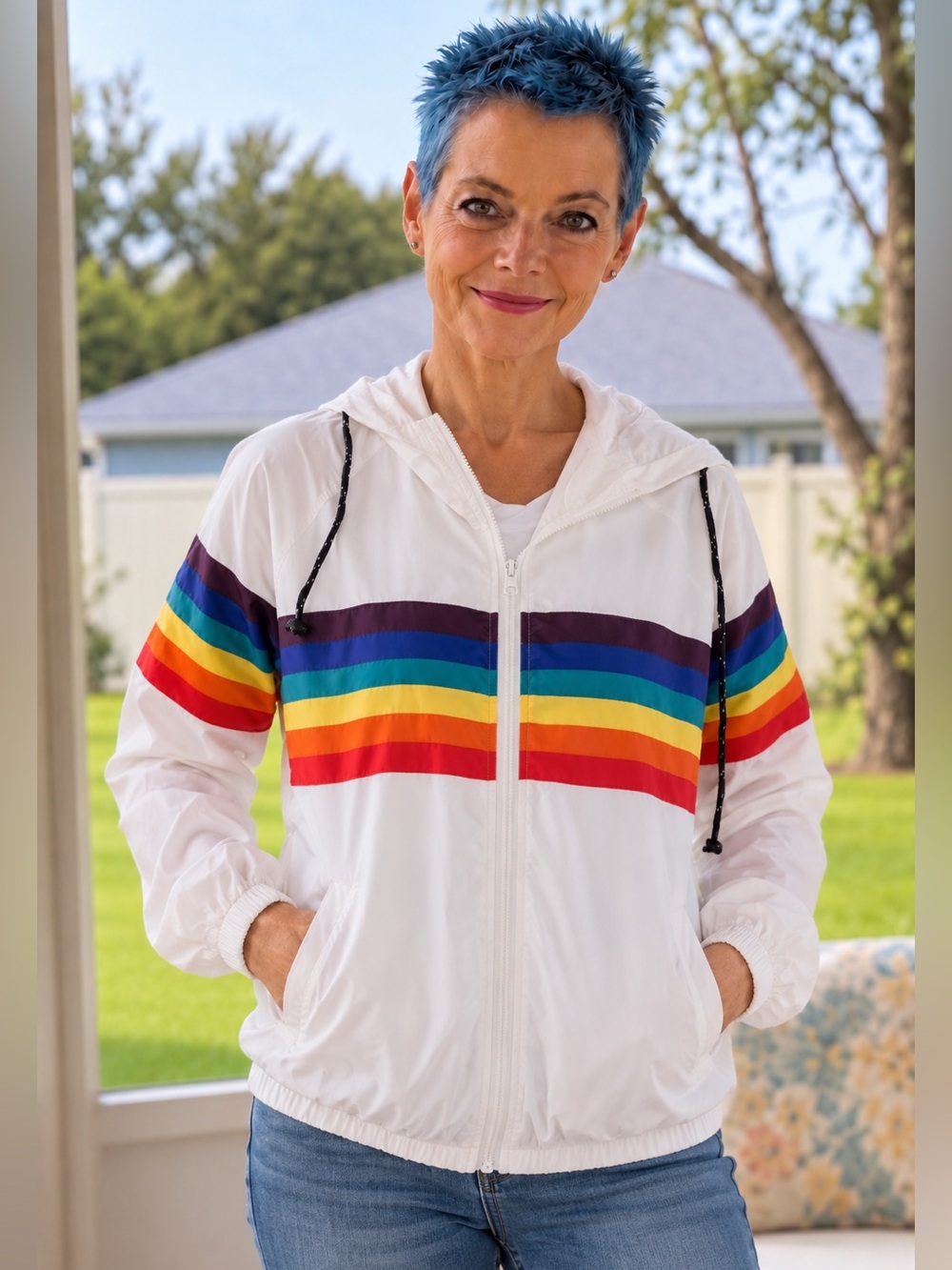 Rainbow Stripe Hooded Windbreaker Jacket Women’s M Retro